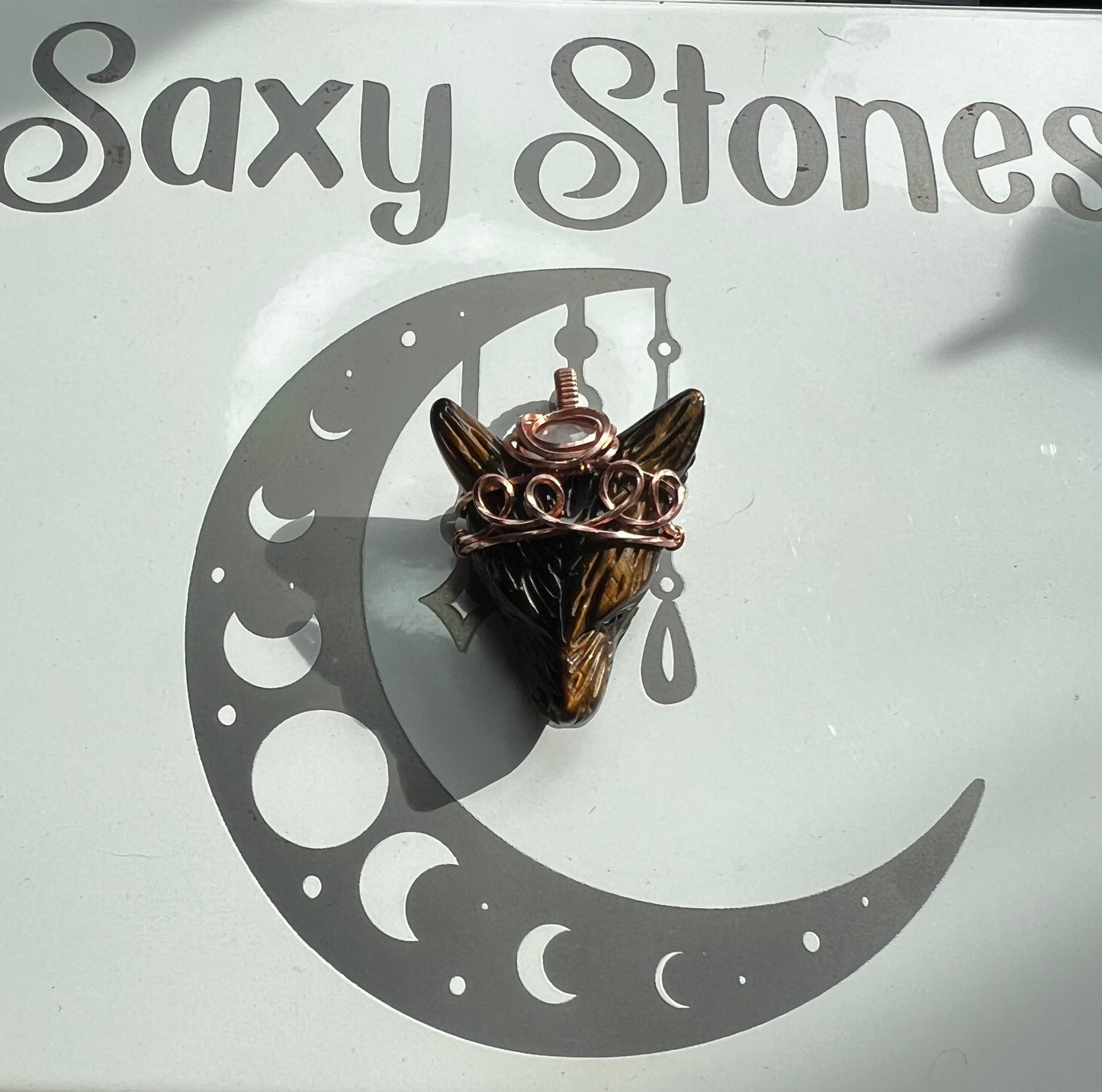 Tiger Eye Wolf Head with Moonstone