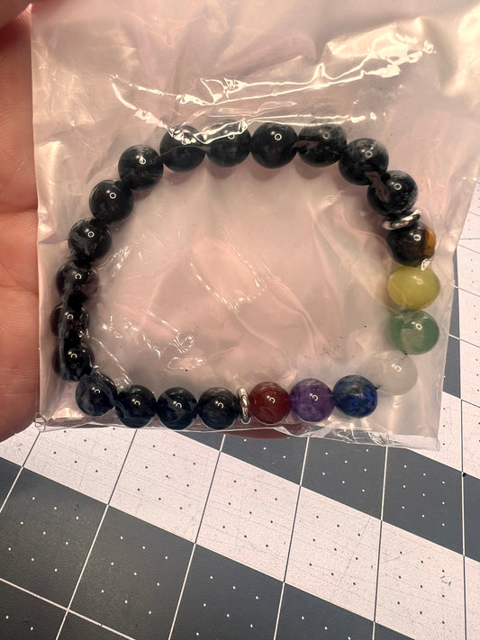 Chakra & Black Obsidian Beaded Bracelet